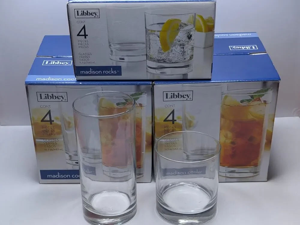 Libbey Madison Glass Set 12 Pc Rocks & Cooler Tumblers New In Box